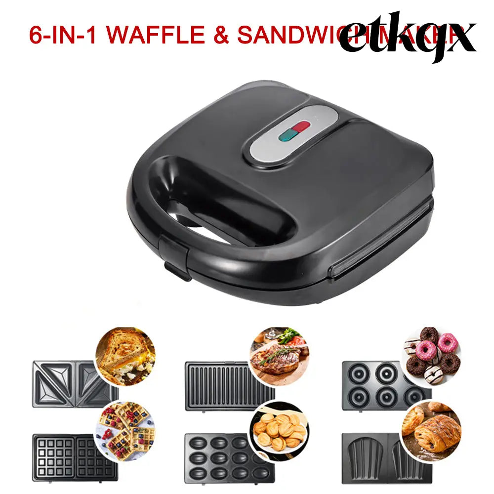 6-in-1 Waffle Maker & Grill | Sandwich Doughnut & Breakfast Maker - Black / US / 6in1 - Cooking Grinder