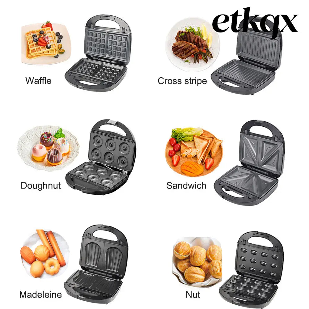6-in-1 Waffle Maker & Grill | Sandwich Doughnut & Breakfast Maker - Cooking Grinder
