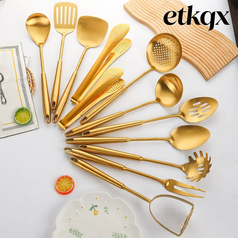 Gold-Plated Spatula and Strainer Set| 12-Piece Kitchen Set - 12 Set - Cooking Grinder